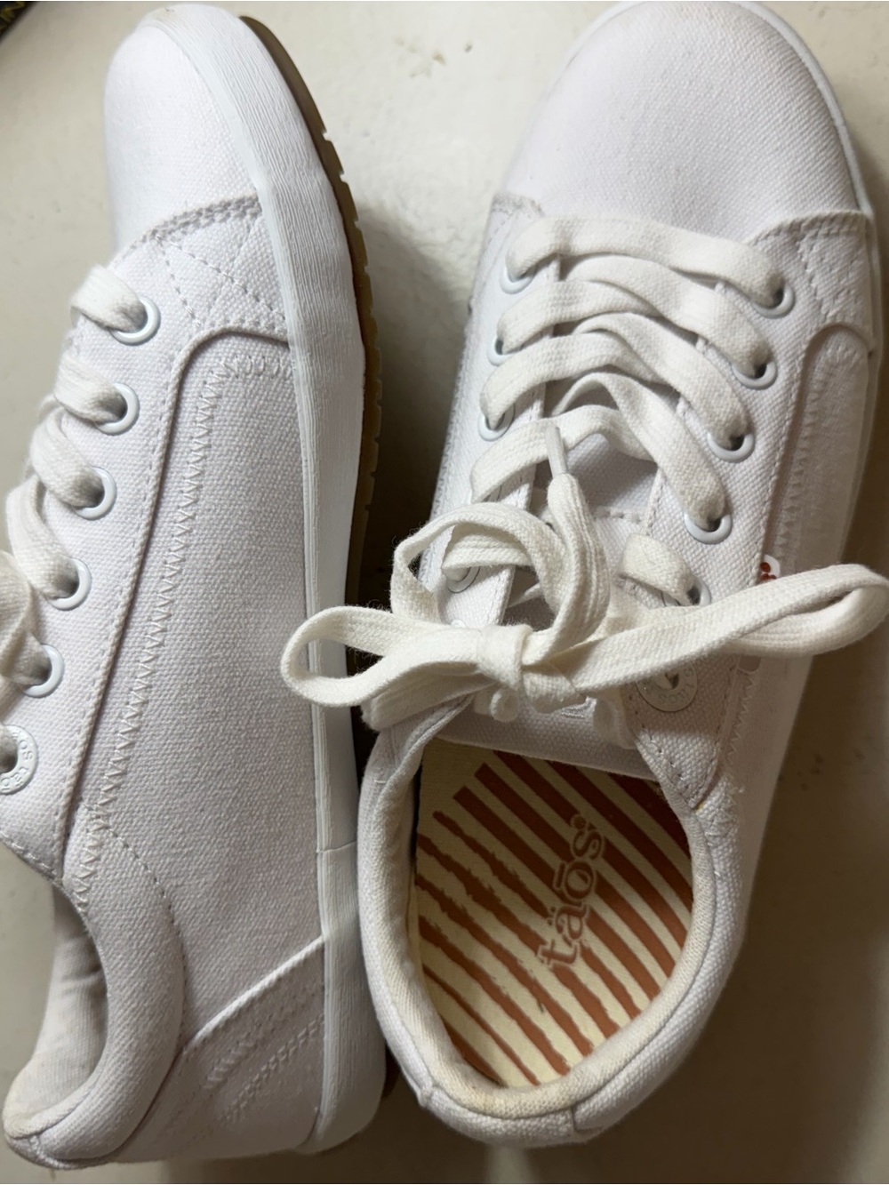 Taos Footwear White Sneakers with Brown Gum Soles